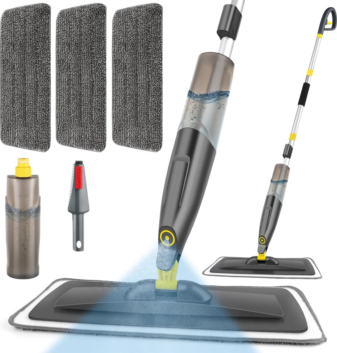 Vloerwisser met sproeifunctie, 500 ml navulbare watertank, sproeiwisser voor snelle reiniging met 3 wasbare microvezelhoezen, grijs sproeimop - UikJOY - Afbeelding 2