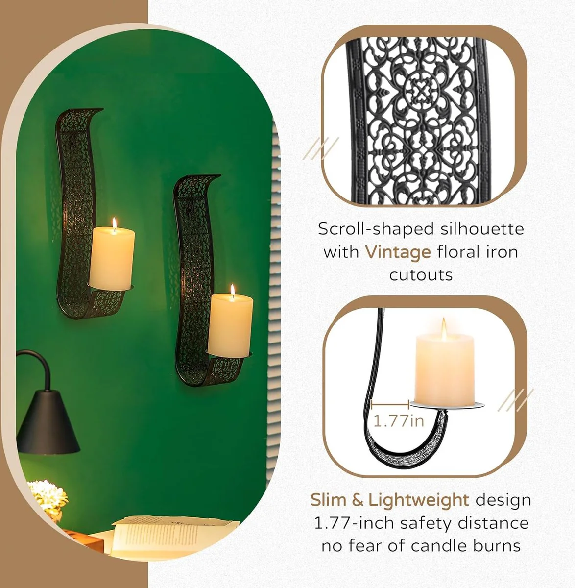 Wandkaarsenhouder, moderne wanddecoratie, zwart, set van 2 kaarsenhouders voor woonkamer, badkamerwanden, elegante wanddecoratie, hangende kandelaar - Afbeelding 7