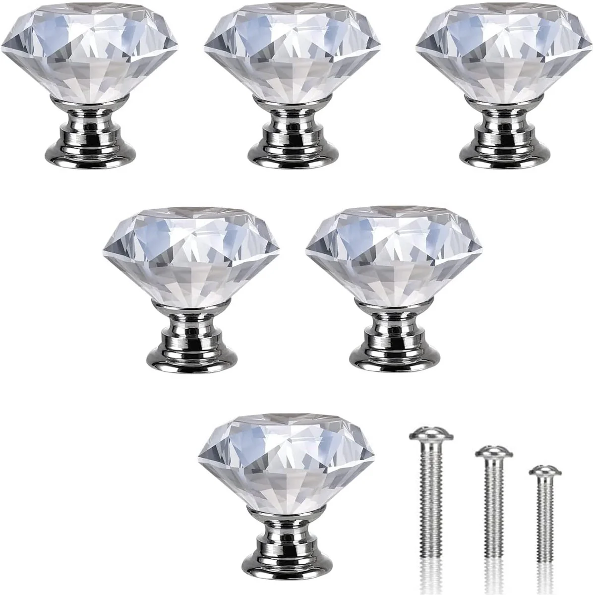 6 stuks meubelknoppen, kristallen ladeknoppen, moderne mode commodeknoppen, kristalheldere deurknop, 30 mm zinklegering kristalglas handgrepen, met schroeven in 3 maten (zilver) - Afbeelding 2