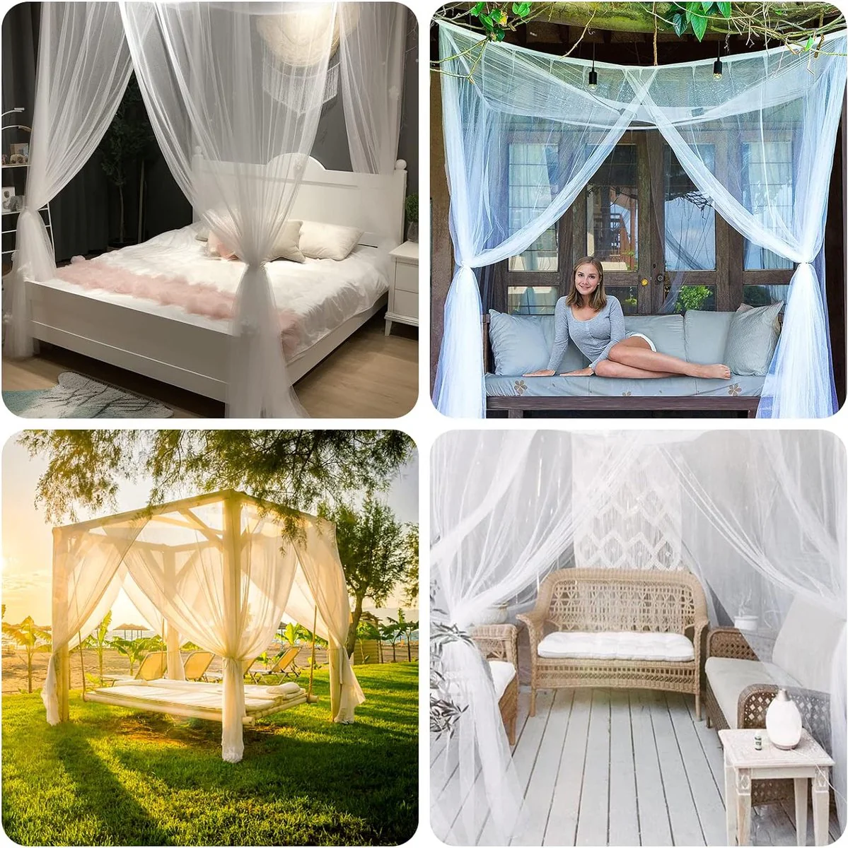 Klamboe, klamboe, tweepersoonsbed met 4 hoekpalen, groot muggennet voor bed, eenpersoonsbed en tweepersoonsbed, vliegennet, draagbaar muggennet voor volwassenen, kinderkamer, 190 x 210 x 240 cm (wit) - Afbeelding 8