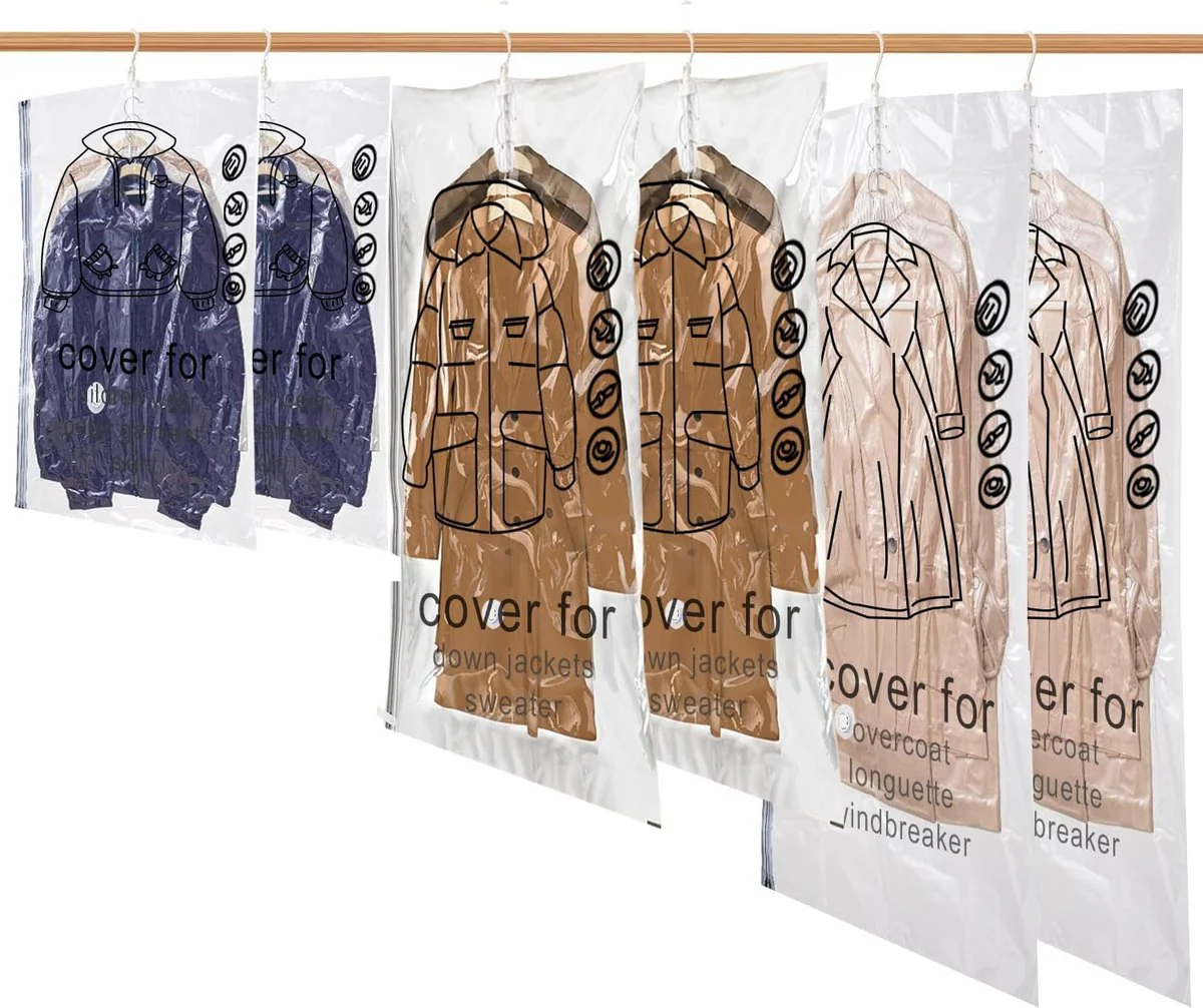 Vacuümzakken voor kleding, 6 verpakkingen vacuümzakken voor kleding, 5-in-1 kan meerdere stukken ophangen, hangende vacuümzakken voor pakken, mantels, donsjassen - Afbeelding 2