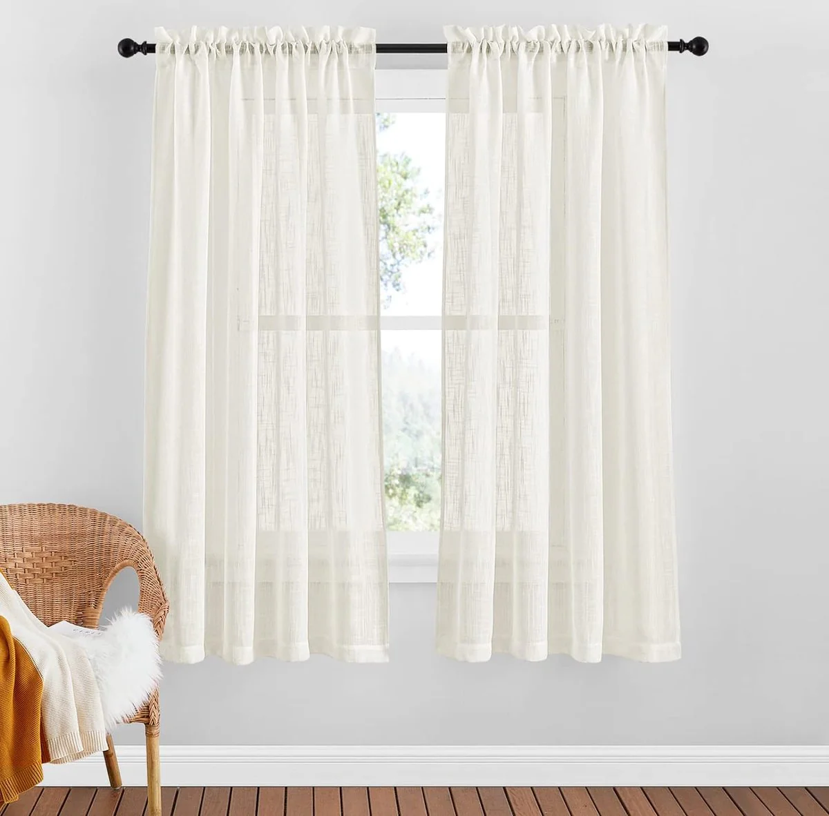 transparante gordijnen woonkamer, modern, kort, set van 2, H 158 x B 132 cm, linnen textuur, gordijn met tunnelzoom, lichtdoorlatende gordijnen voor woonkamer, lichtbeige
