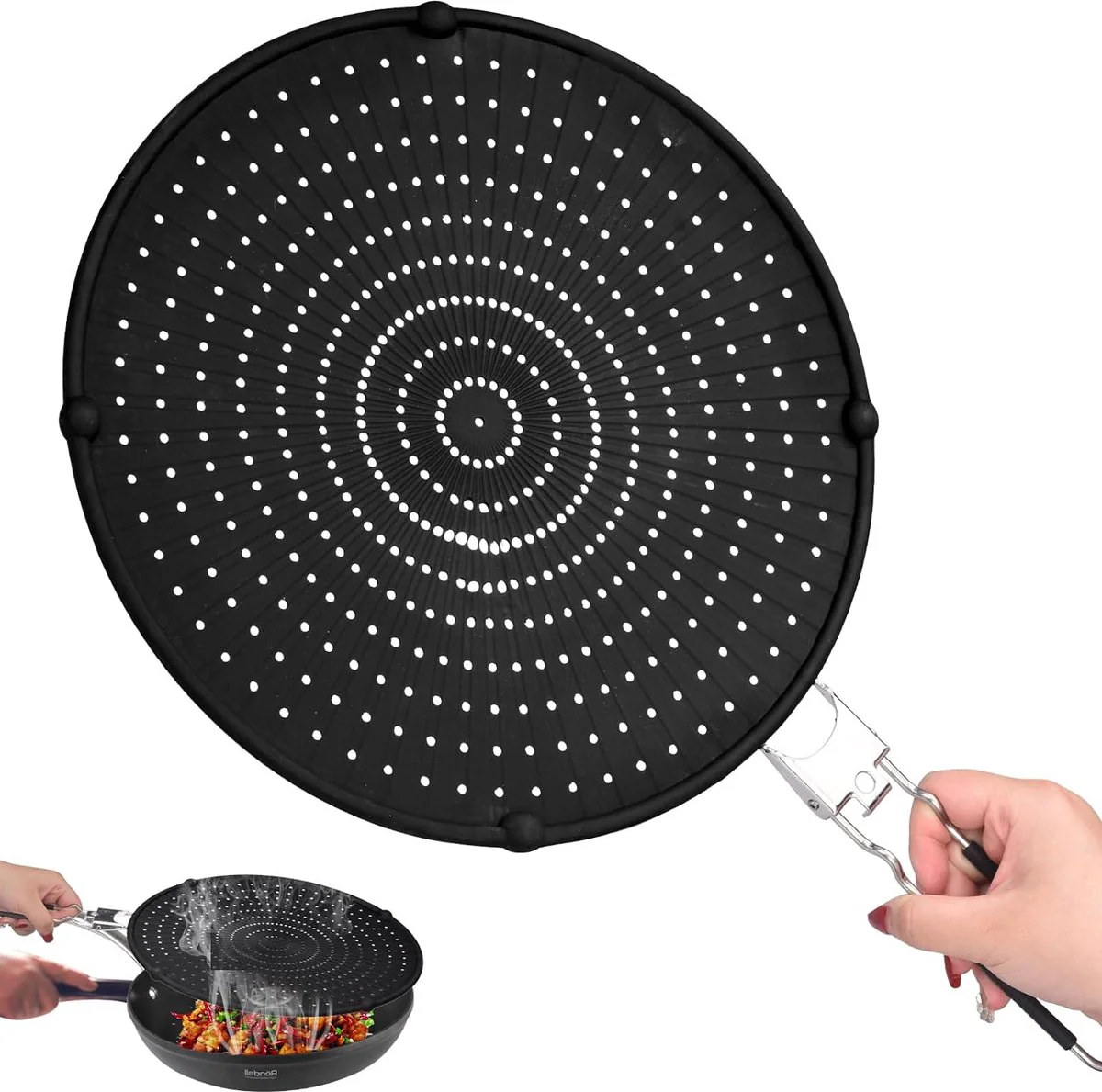 Siliconen spatbescherming, pannen met inklapbare handgreep, 33 cm, multifunctionele vetspatbescherming voor pan, hittebestendig en voedselveiligheid, voor een groot aantal pannen, braadpannen, - Afbeelding 2