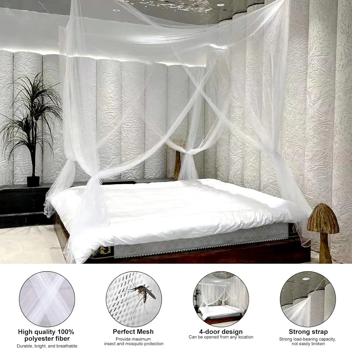 Klamboe, klamboe, tweepersoonsbed met 4 hoekpalen, groot muggennet voor bed, eenpersoonsbed en tweepersoonsbed, vliegennet, draagbaar muggennet voor volwassenen, kinderkamer, 190 x 210 x 240 cm (wit) - Afbeelding 3