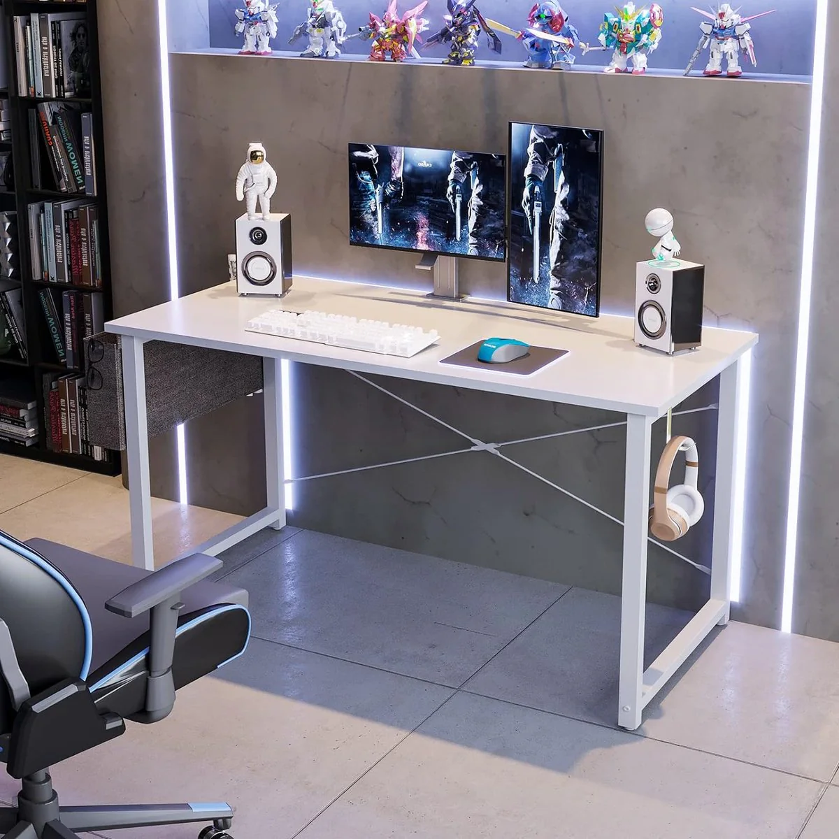 Bureau, wit, 120 x 50 x 74 cm, computertafel met koptelefoonhouder en opbergtas, klein bureau, werkkamer, hout, pc-tafel, kantoortafel voor thuis, kantoor - Afbeelding 8