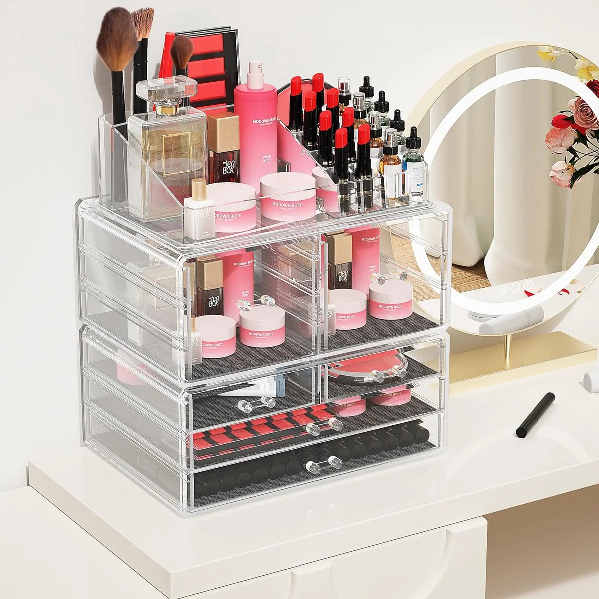 Acryl make-up organizer met 6 laden Cosmetische opbergdoos Stapelbare heldere borstellotion Lippenstift nagellak - Afbeelding 3
