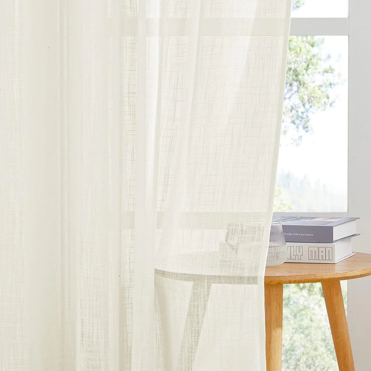 transparante gordijnen woonkamer, modern, kort, set van 2, H 158 x B 132 cm, linnen textuur, gordijn met tunnelzoom, lichtdoorlatende gordijnen voor woonkamer, lichtbeige - Afbeelding 7