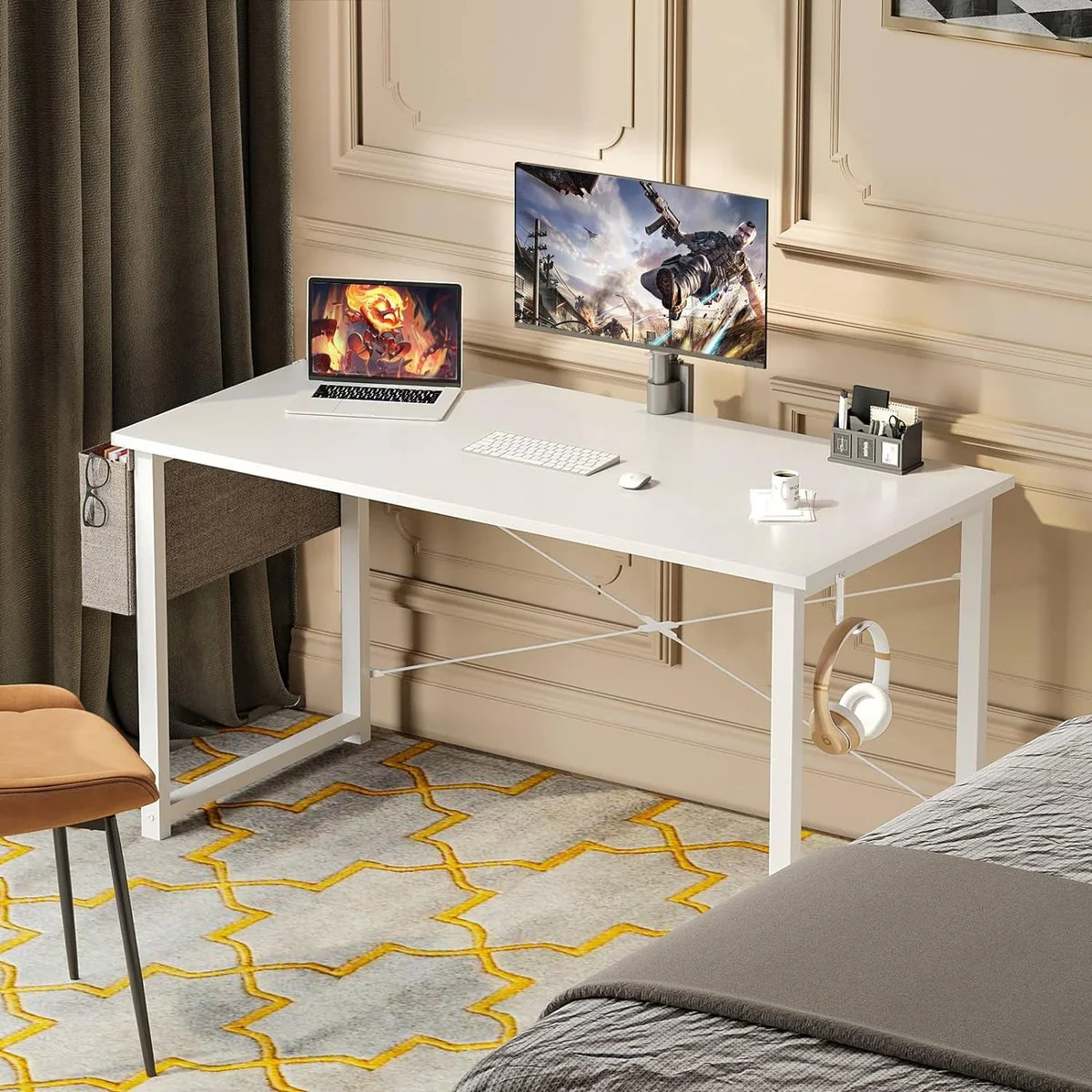 Bureau, wit, 120 x 50 x 74 cm, computertafel met koptelefoonhouder en opbergtas, klein bureau, werkkamer, hout, pc-tafel, kantoortafel voor thuis, kantoor - Afbeelding 3