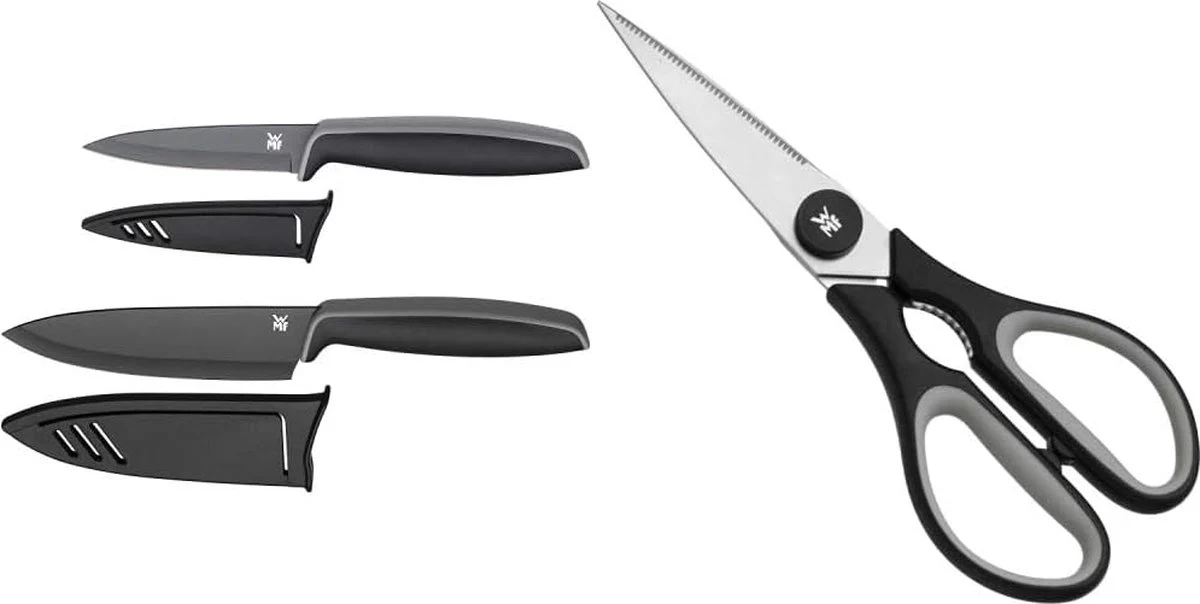 Touch messenset, 2-delig, keukenmessen met beschermhoes, speciaal lemmetstaal, anti-aanbaklaag, zwart & touch keukenschaar 21 cm, huishoudschaar met zaagslijpen, zwart