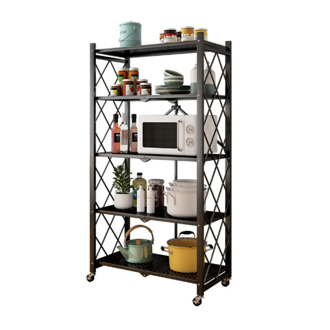 Livista Inklapbare Stellingkast – 5-laags – Met 360° wielen – Open Vakkenkast – Duurzaam Metaal – Ruimtebesparend – H160 x B71 x D38 cm – Max 20 kg per Plank – Zwart - Afbeelding 2