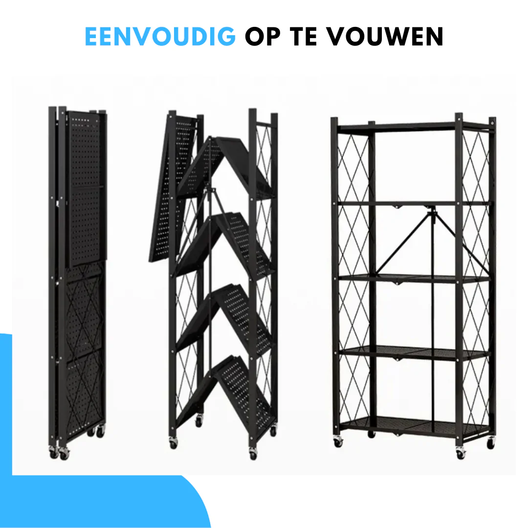 Livista Inklapbare Stellingkast – 5-laags – Met 360° wielen – Open Vakkenkast – Duurzaam Metaal – Ruimtebesparend – H160 x B71 x D38 cm – Max 20 kg per Plank – Zwart - Afbeelding 3