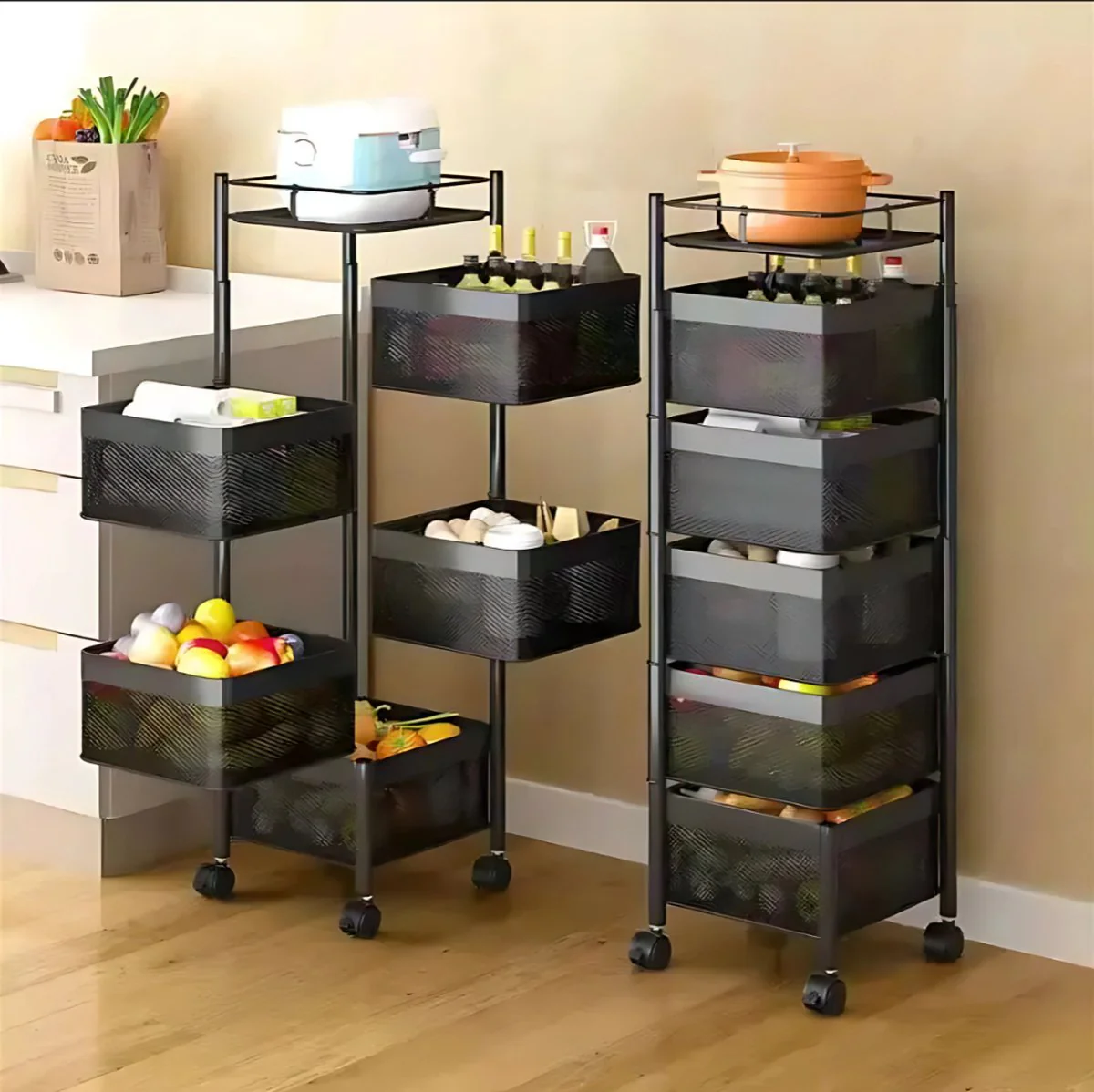 Livista Keukentrolley vierhoek - 5 laags - Keukentrolley voor groente en fruit - Keukenrek op wielen - Opbergkast met manden - Carbon staal - 29 x 29 x 90 cm (LxBxH) - Zwart - Afbeelding 4