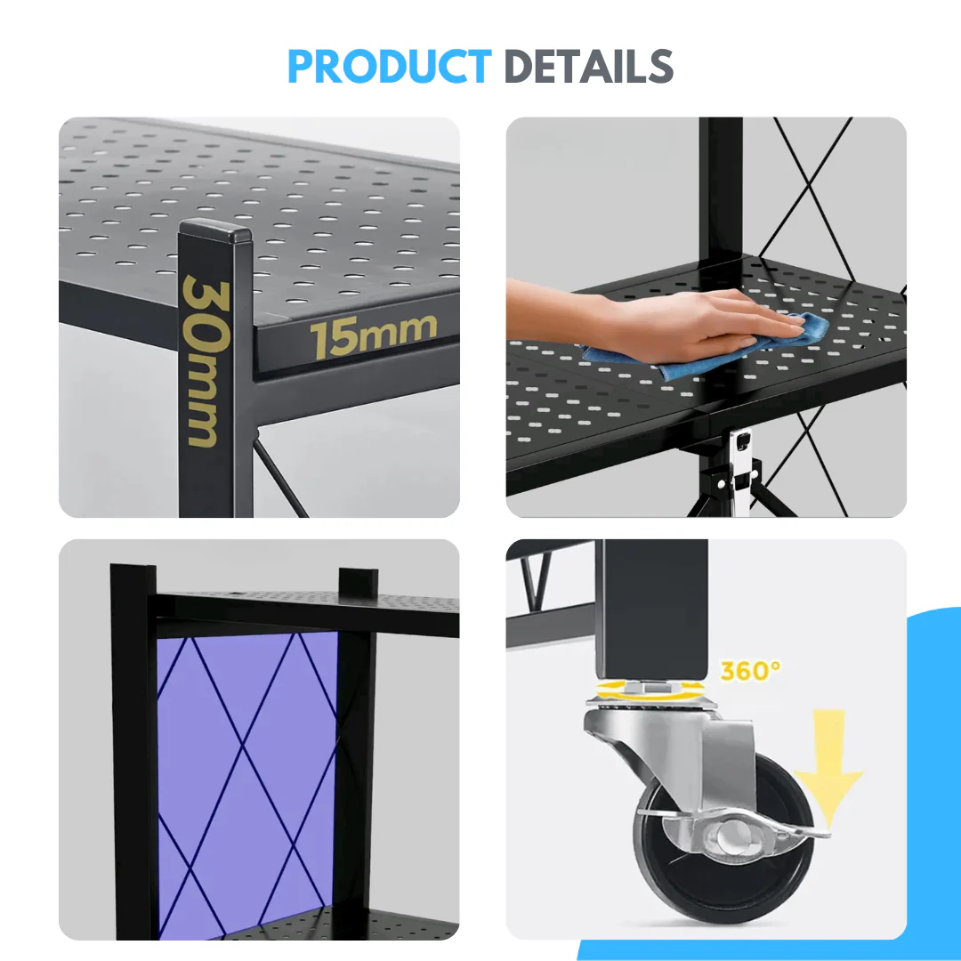 Livista Inklapbare Stellingkast – 5-laags – Met 360° wielen – Open Vakkenkast – Duurzaam Metaal – Ruimtebesparend – H160 x B71 x D38 cm – Max 20 kg per Plank – Zwart - Afbeelding 5