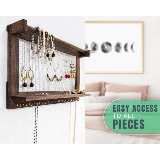 Boho Chic Jewellery Organiser Wall Mount with Detachable Bracelet Bar, 1 Shelf and 16 Hooks - Perfect Storage for Earrings, Necklaces and Bracelets - Jewellery Display - Afbeelding 7