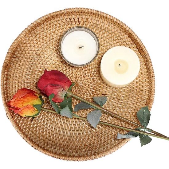 Rond rotan dienblad met handgrepen, decoratief dienblad voor drankjes, ontbijt, thee, kaars - Afbeelding 6