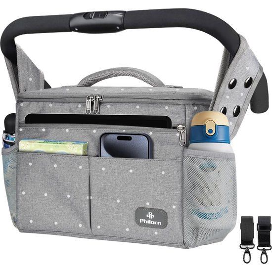 Pram Organiser with Insulated Drink Holder, Shoulder Strap, Large Capacity, Universal Baby Pram Bag, Grey with Dots - Afbeelding 2