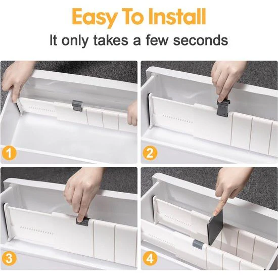 Opbergsysteem voor schuifladen, verstelbare ladeverdeler, scheidingssysteem, keuken, ladeverdeler, organizer met 9 inzetstukken, voor keuken, badkamer, slaapkamer, commode, 27-44 cm, 4 stuks - Afbeelding 4
