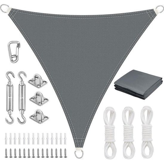 Zonnezeil, driehoekig, 4 x 4 x 4 m, met bevestiging, zonnezeil, waterdicht, zonwering, uv-bescherming, zeildoek zonder boren, geschikt voor balkon, tuin, terras en camping, grijs - Afbeelding 2