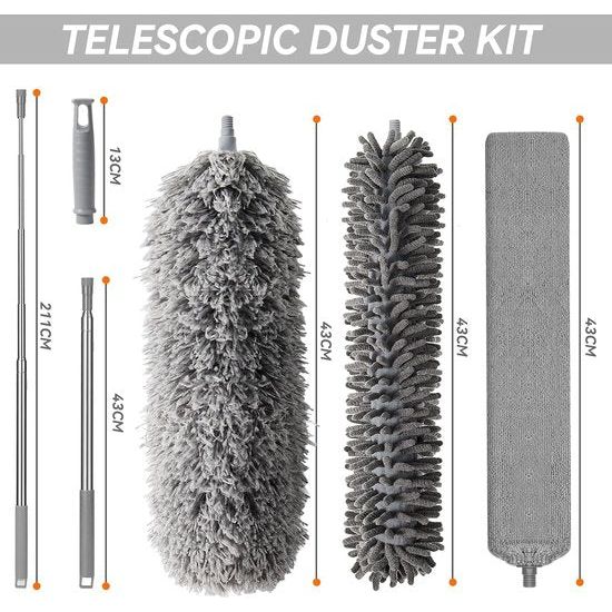 Telescoopstofdoek Wasbaar voor plafond met telescoopstang, Microvezelstofdoek Hoekbezem Max. Lange 55-254 cm stofbezem met telescoop voor hoge plafonds plafondventilator spinnenwebben (7 grijs) - Afbeelding 6