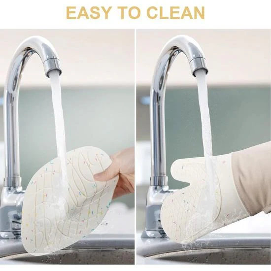 Ovenhandschoenen, set van 1 paar siliconen en katoen, antislip, hittebestendige ovenhandschoenen, ovenhandschoenen voor keuken, koken, bakken, grillen, BBQ, met 1 pannenlap - Afbeelding 3