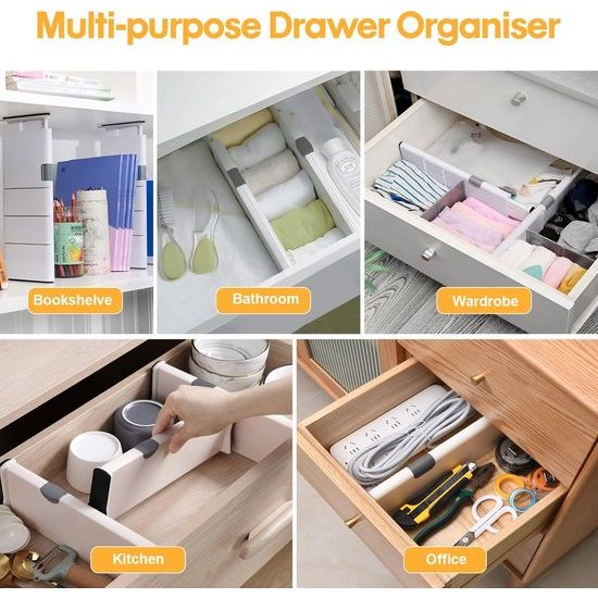 Opbergsysteem voor schuifladen, verstelbare ladeverdeler, scheidingssysteem, keuken, ladeverdeler, organizer met 9 inzetstukken, voor keuken, badkamer, slaapkamer, commode, 27-44 cm, 4 stuks - Afbeelding 8
