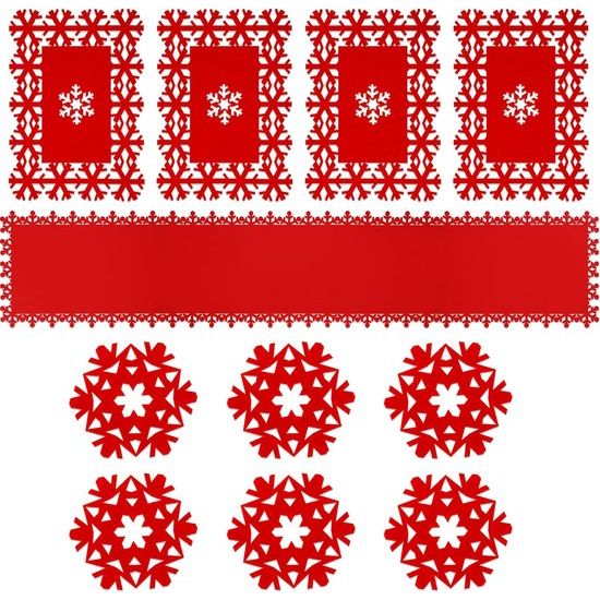 Kersttafelsets en onderzetters, 1 kersttafelloper, 4 rode kersttafelsets, 6 onderzetters, sneeuwvlok-design-vilten eettafeldecoratie voor winter Kerstmis Nieuwjaarsfeest - Afbeelding 2