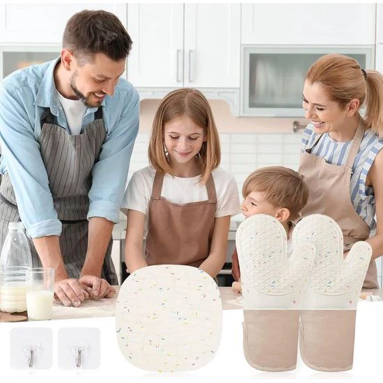 Ovenhandschoenen, set van 1 paar siliconen en katoen, antislip, hittebestendige ovenhandschoenen, ovenhandschoenen voor keuken, koken, bakken, grillen, BBQ, met 1 pannenlap - Afbeelding 7