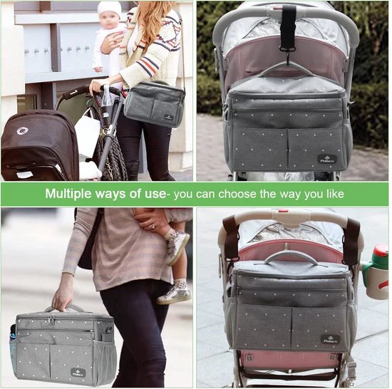 Pram Organiser with Insulated Drink Holder, Shoulder Strap, Large Capacity, Universal Baby Pram Bag, Grey with Dots - Afbeelding 6
