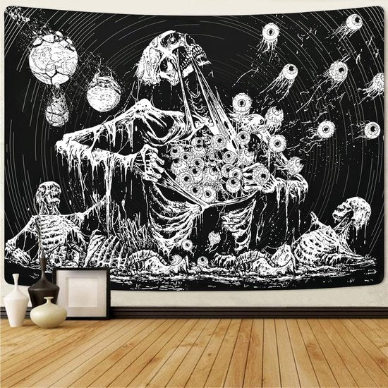wandtapijt, ogen, wanddoek, menselijk skelet, wandtapijt, zwart-wit, esthetisch, hippie, gotisch wandtapijt voor slaapkamer, woondecoratie, wanddoeken, 150 x 130 cm - Afbeelding 2