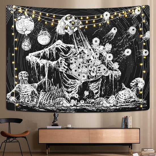 wandtapijt, ogen, wanddoek, menselijk skelet, wandtapijt, zwart-wit, esthetisch, hippie, gotisch wandtapijt voor slaapkamer, woondecoratie, wanddoeken, 150 x 130 cm - Afbeelding 4