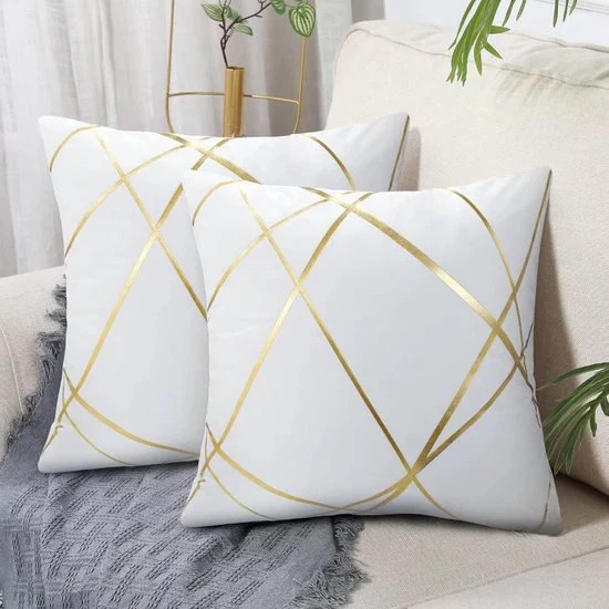 Wit fluwelen kussensloop, 40 x 40 cm, set van 2 bankkussens, goudkleurige geometrische sierkussens, kussenhoezen, moderne sierkussens, overtrek voor slaapkamer, bank, bed