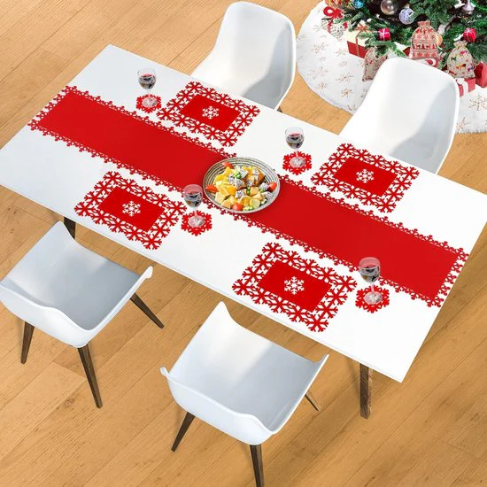Kersttafelsets en onderzetters, 1 kersttafelloper, 4 rode kersttafelsets, 6 onderzetters, sneeuwvlok-design-vilten eettafeldecoratie voor winter Kerstmis Nieuwjaarsfeest - Afbeelding 5