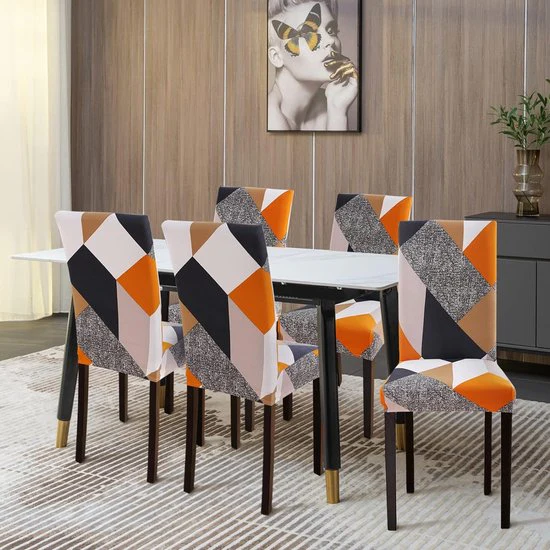 Stoelhoezen set van 4 waterdichte stoelhoezen voor eetkamerstoelen stretch stoelhoezen schommelstoelen wasbaar universele decoratie stoelhoes voor thuis restaurant keuken hotel geometrie oranje - Afbeelding 4