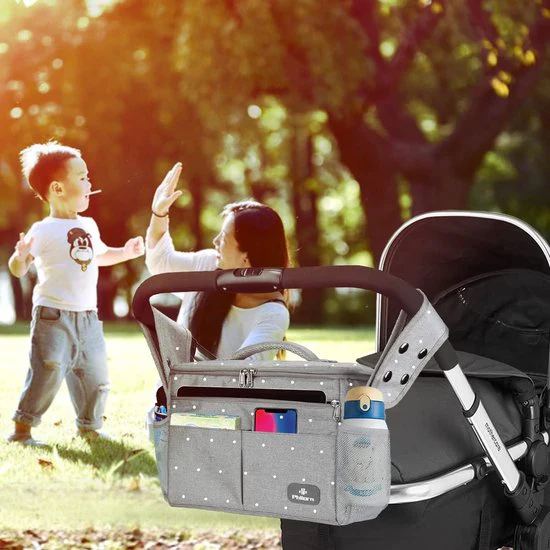 Pram Organiser with Insulated Drink Holder, Shoulder Strap, Large Capacity, Universal Baby Pram Bag, Grey with Dots - Afbeelding 7