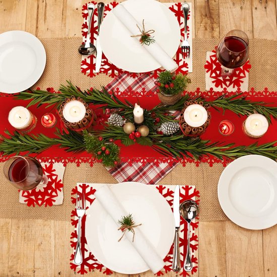 Kersttafelsets en onderzetters, 1 kersttafelloper, 4 rode kersttafelsets, 6 onderzetters, sneeuwvlok-design-vilten eettafeldecoratie voor winter Kerstmis Nieuwjaarsfeest - Afbeelding 6