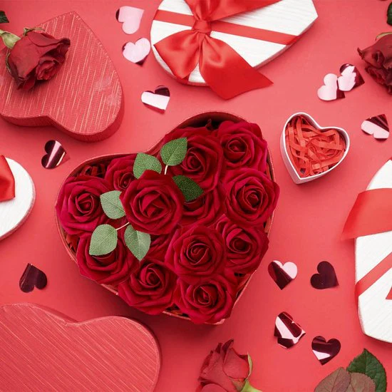 Kunstbloemen Rode Rozen, 30 stuks 8 cm Boeket Kunstmatige decoratieve bloemen Neprozen met stengels en kaart voor Valentijnsdag Huis Tuin Verjaardagsfeestje DIY Bruiloft Decoratie - Afbeelding 8