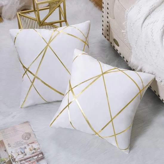 Wit fluwelen kussensloop, 40 x 40 cm, set van 2 bankkussens, goudkleurige geometrische sierkussens, kussenhoezen, moderne sierkussens, overtrek voor slaapkamer, bank, bed - Afbeelding 4