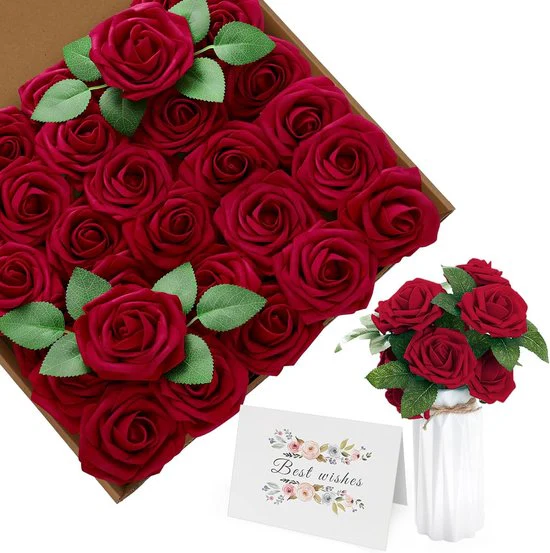 Kunstbloemen Rode Rozen, 30 stuks 8 cm Boeket Kunstmatige decoratieve bloemen Neprozen met stengels en kaart voor Valentijnsdag Huis Tuin Verjaardagsfeestje DIY Bruiloft Decoratie