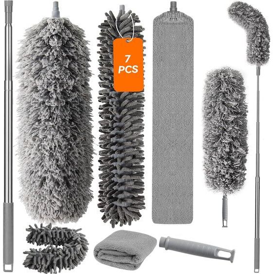 Telescoopstofdoek Wasbaar voor plafond met telescoopstang, Microvezelstofdoek Hoekbezem Max. Lange 55-254 cm stofbezem met telescoop voor hoge plafonds plafondventilator spinnenwebben (7 grijs)