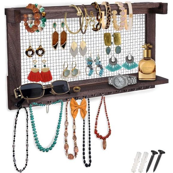 Boho Chic Jewellery Organiser Wall Mount with Detachable Bracelet Bar, 1 Shelf and 16 Hooks - Perfect Storage for Earrings, Necklaces and Bracelets - Jewellery Display - Afbeelding 2