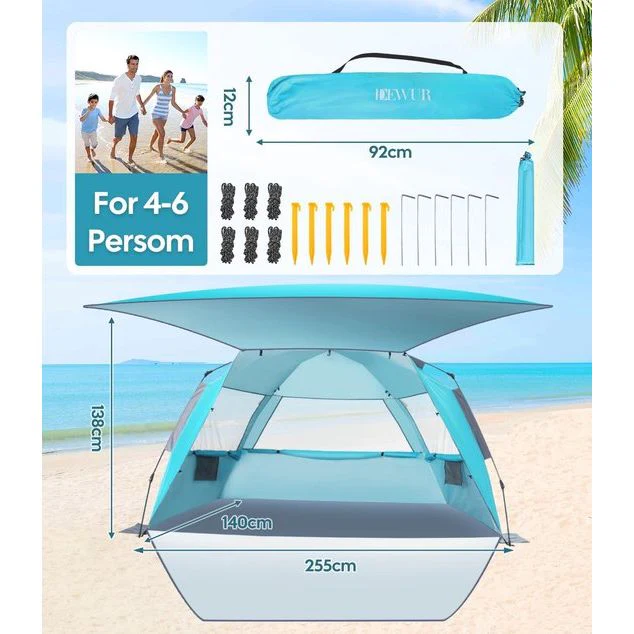 Strandtent voor 3-4 personen, pop-up strandtent met luifel, UPF 50+, UV-zonbescherming, waterdicht, voor gezinnen, strand, camping, tuin, blauw - Afbeelding 7